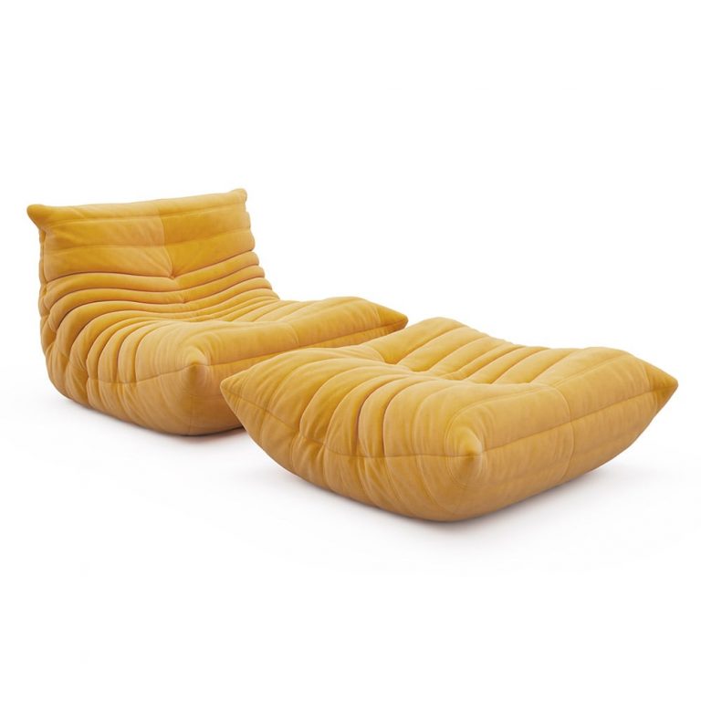 Caterpillar Sofa Couch Yellow Microsuede & Ottoman