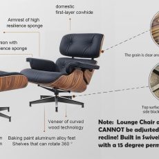 Perfect wood grain shell, sturdy aluminum base, production warranty of five years. Description and description of the parts of the chair